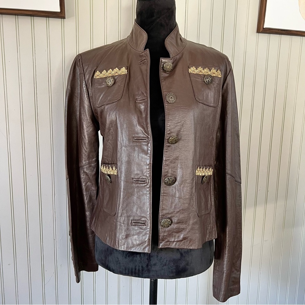 One Girl Who Brown Leather & Knit Button Down Gold Patch Details